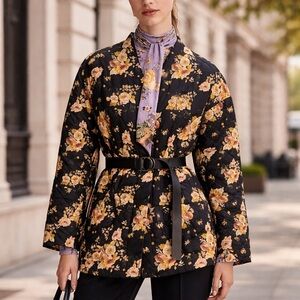 ZARA | Black Quilted Peach & Cream Floral filled Jacket